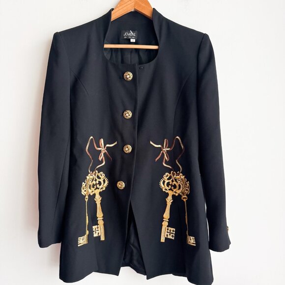 Vintage Jovani Gold Key Detail Classic Black Blazer 8 - Picture 1 of 6